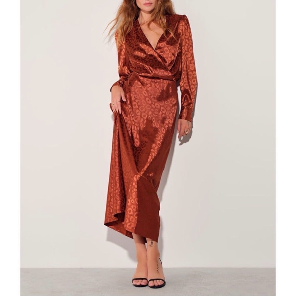 Favorite Daughter Rust Jacquard Satin Wrap Midi Dress